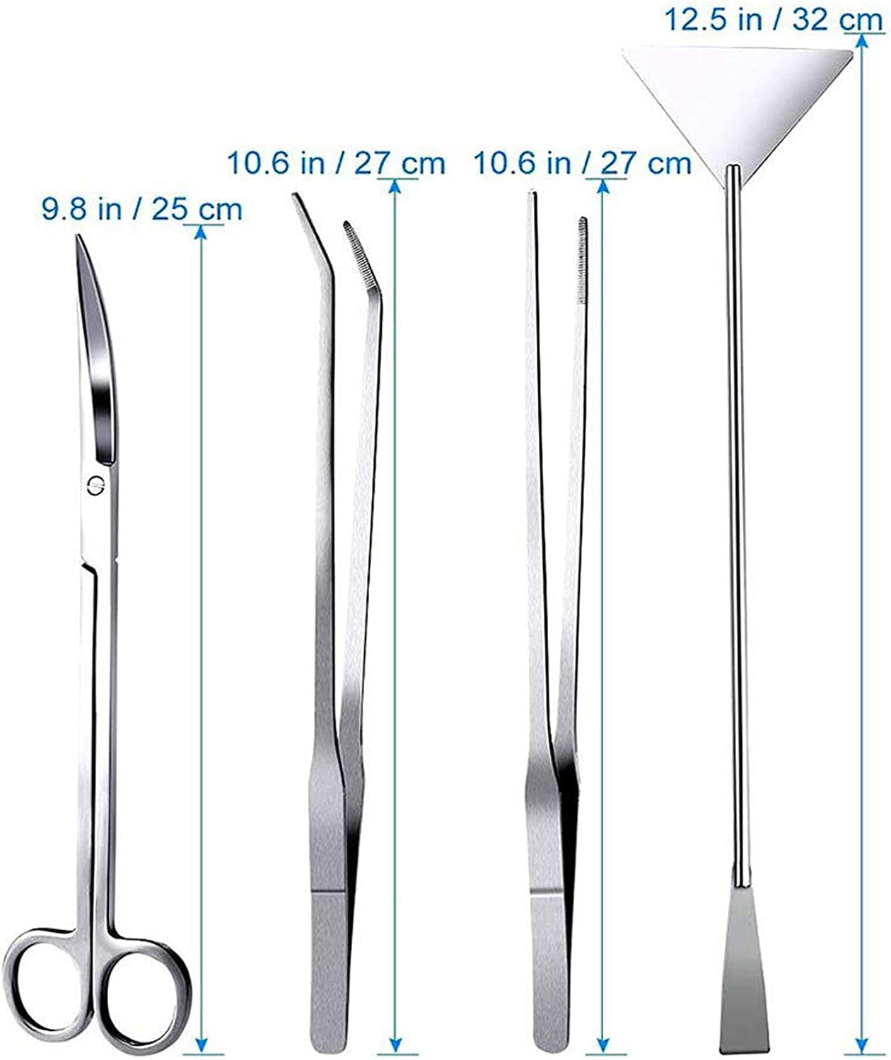 Professional Aquascaping Tool Set: 4-in-1 Stainless Steel Long Tweezers, Scissors, and Spatula for Aquariums and Terrariums
